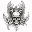 a design with angel wings and a skull in the middle in black and white tattoo design idea