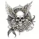 a design with angel wings and a skull in the middle in black and white tattoo design idea