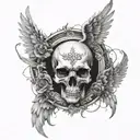 a design with angel wings and a skull in the middle in black and white tattoo design idea