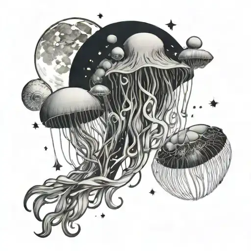 moon, jellyfish and stars forming tattoo design idea