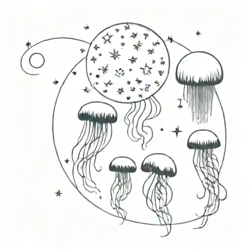 moon, jellyfish and stars forming tattoo design idea