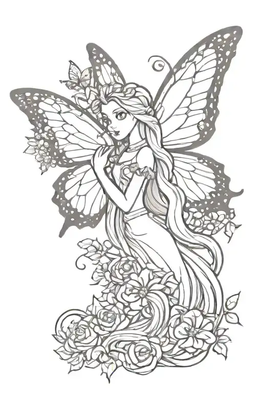 Rapunzel flower on which stands a butterfly whose body is semicolon and wings are left sided tattoo design idea