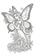 Rapunzel flower on which stands a butterfly whose body is semicolon and wings are left sided tattoo design idea