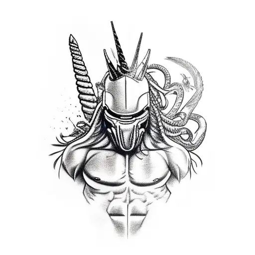 the predator sitting on the unicorn and holding lightening tattoo design idea