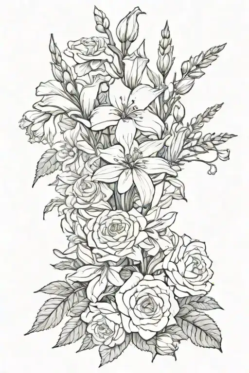 bouqet of roses, daisy, honeysuckle, and gladiolus tattoo design idea