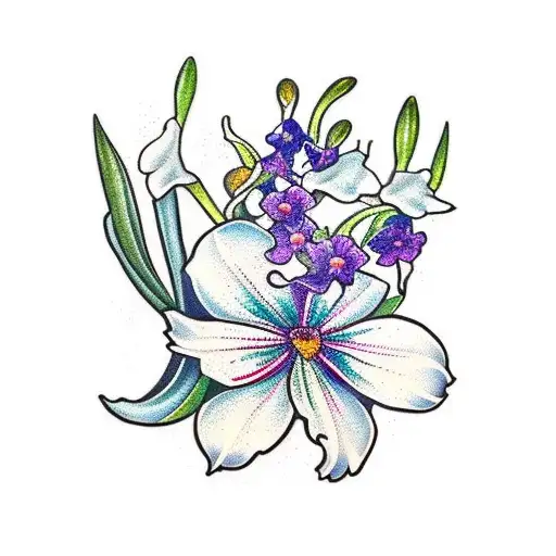 bouquet with Lilly of the valley, larkspur, cosmos and morning glory tattoo design idea