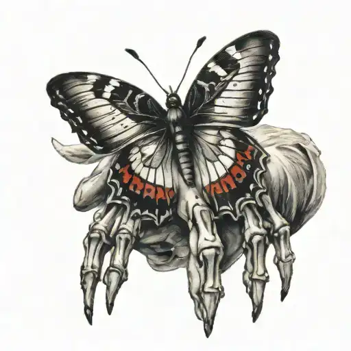 butterfly landing on skeleton hand tattoo design idea