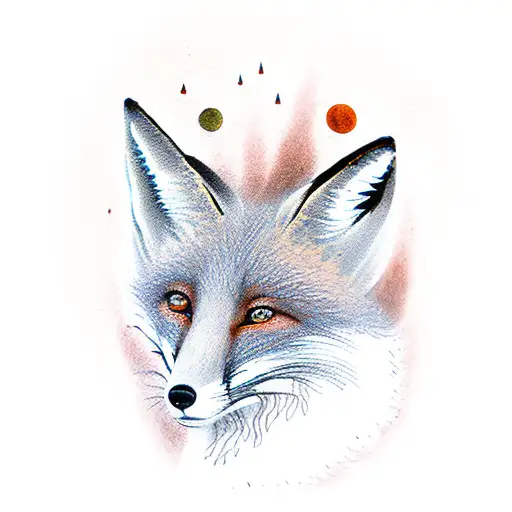 A playful fox peeking out from behind a weeping willow tree in a forest filled with vibrant autumn colors. tattoo design idea