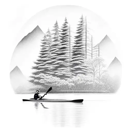A serene river scene with a kayaker navigating through calm waters, surrounded by towering trees. tattoo design idea