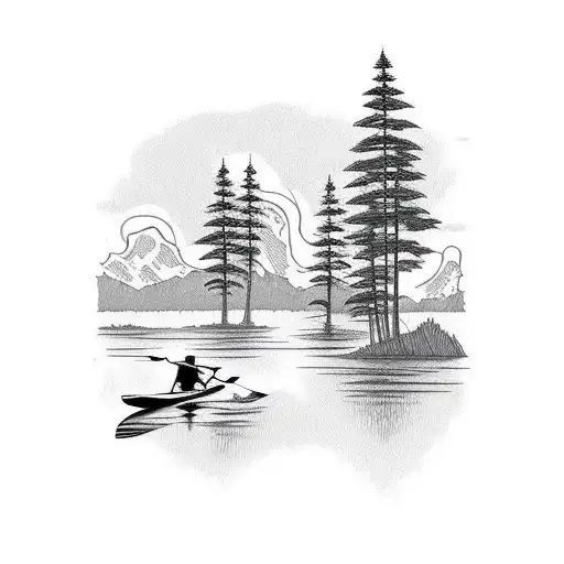 A serene river scene with a kayaker navigating through calm waters, surrounded by towering trees. tattoo design idea