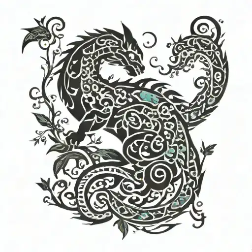 cat and dragon with leafs and birds tattoo design idea