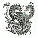 cat and dragon with leafs and birds tattoo design idea