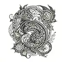 cat and dragon with leafs and birds tattoo design idea