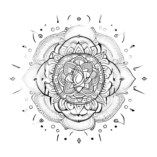 A minimalist tattoo of a mandala with sacred symbols, representing spirituality and inner peace. tattoo design idea