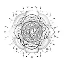 A minimalist tattoo of a mandala with sacred symbols, representing spirituality and inner peace. tattoo design idea