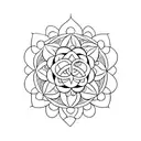 A minimalist tattoo of a mandala with sacred symbols, representing spirituality and inner peace. tattoo design idea
