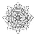 A minimalist tattoo of a mandala with sacred symbols, representing spirituality and inner peace. tattoo design idea