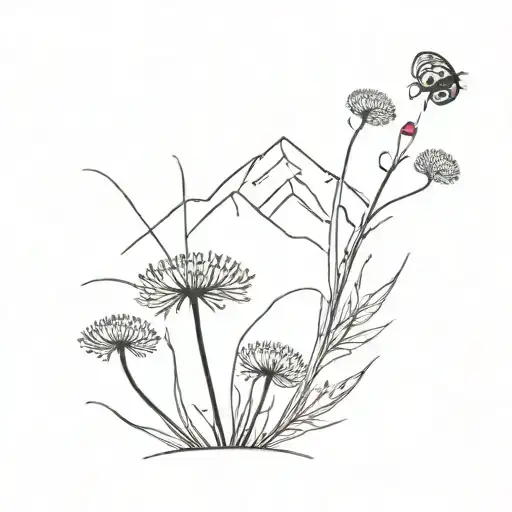 mountain, dandelion flower, ladybug sitting tattoo design idea