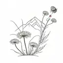 mountain, dandelion flower, ladybug sitting tattoo design idea