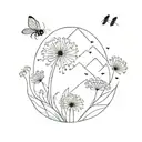 mountain, dandelion flower, ladybug sitting tattoo design idea