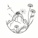 mountain, dandelion flower, ladybug sitting tattoo design idea
