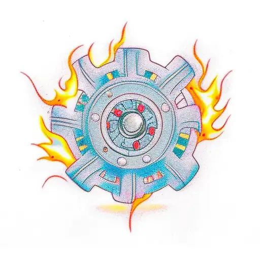 a gear spinning with fire escaping the wheel like it is on fire tattoo design idea