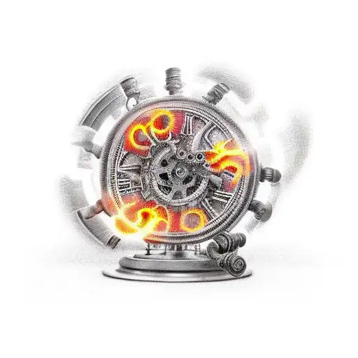 a steampunk gear spinning with fire escaping the wheel like it is on fire tattoo design idea