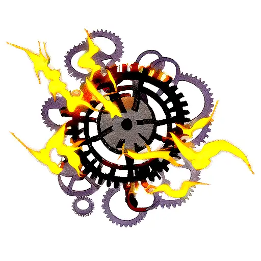 a gear spinning with fire escaping the wheel like it is on fire tattoo design idea
