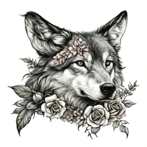feminine wolf head with flowers tattoo design idea