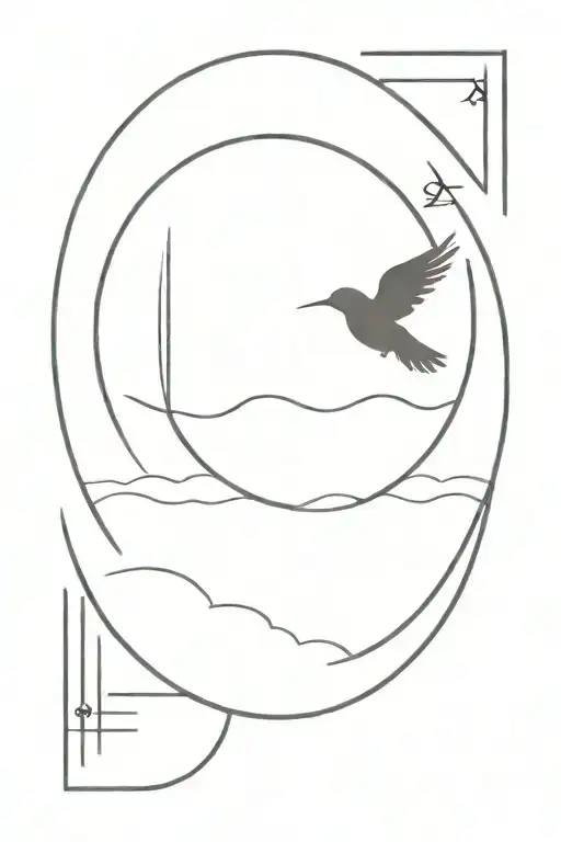 A minimalist design of a bird silhouette against a sunset sky, with Ogham script subtly incorporated into the background tattoo design idea