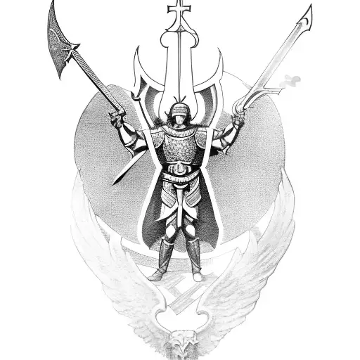 saint michael with shield and sword and banner tattoo design idea