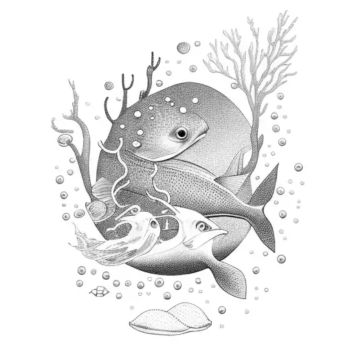 Underwater scene with various sea animals tattoo design idea