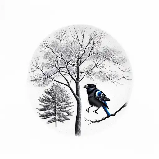 3 trees in the background with a crow and blue jay flying tattoo design idea