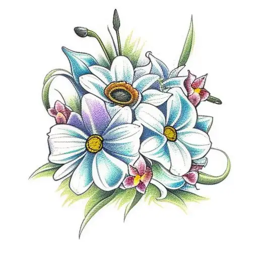 bouquet with three flowers, daisy, calla lily, and two daffodilsand  tattoo design idea