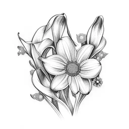 bouquet with three flowers, daisy, calla lily, and two daffodilsand  tattoo design idea