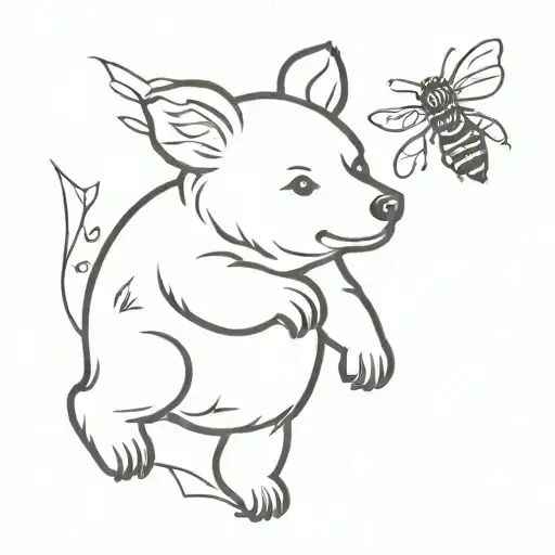 bear cub and bee flying tattoo design idea