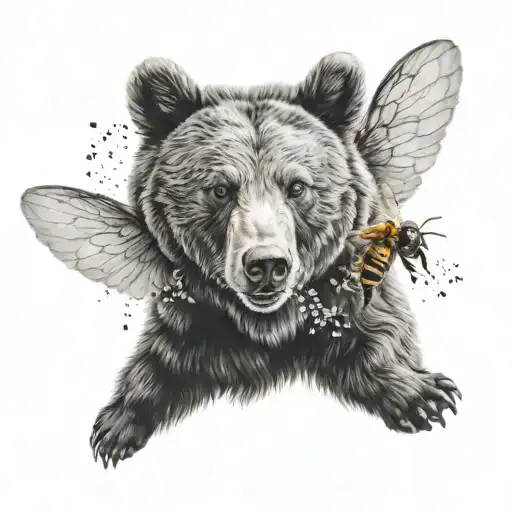 bear cub and bee flying tattoo design idea