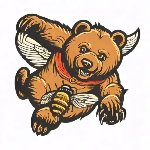 bear cub and bee flying tattoo design idea