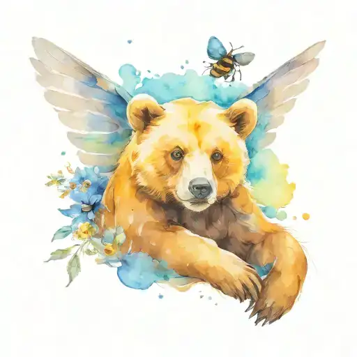 bear cub and bee flying tattoo design idea