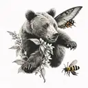 bear cub and bee flying tattoo design idea