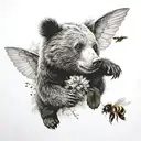 bear cub and bee flying tattoo design idea