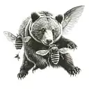 bear cub and bee flying tattoo design idea