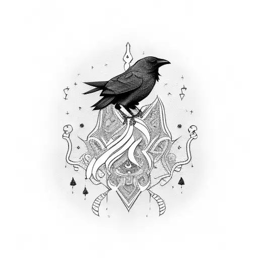 A blackwork tattoo of a crow perched on a guitar neck tattoo design idea