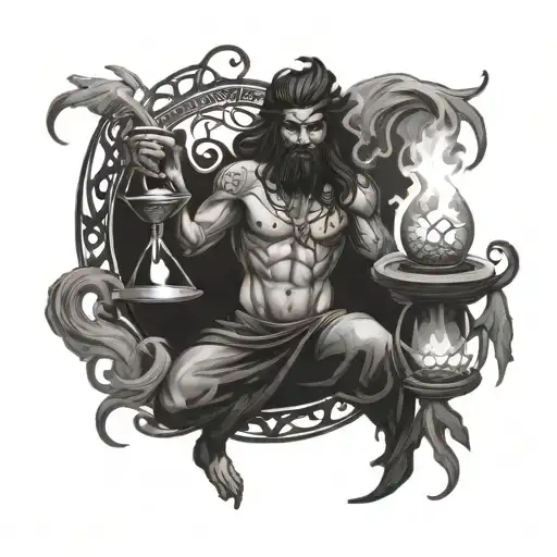 A djinn holding an hourglass made of smoke and vines tattoo design idea