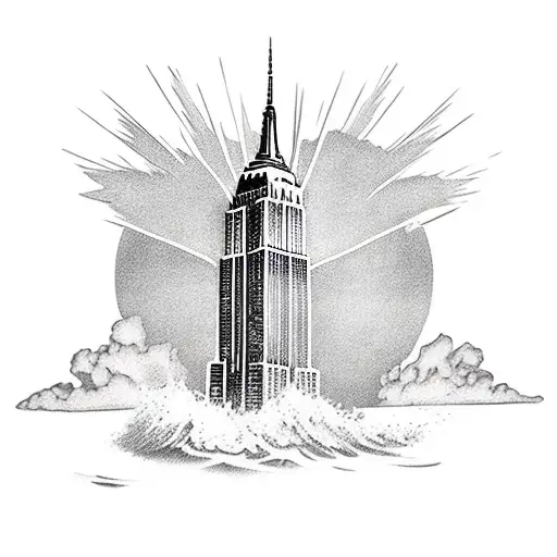 Empire State Building and beach with palm tree, sun and water tattoo design idea