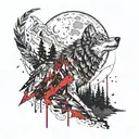 mountains, trees, stars, Moon, feathers, wolf howling at the moon, crow tattoo design idea