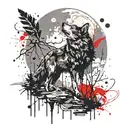 mountains, trees, stars, Moon, feathers, wolf howling at the moon, crow tattoo design idea