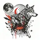 mountains, trees, stars, Moon, feathers, wolf howling at the moon, crow tattoo design idea