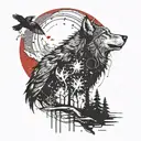 mountains, trees, stars, Moon, feathers, wolf howling at the moon, crow tattoo design idea