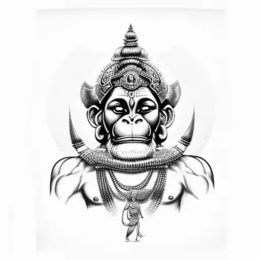 A blackwork design of Lord Hanuman in a powerful stance with his gada tattoo design idea